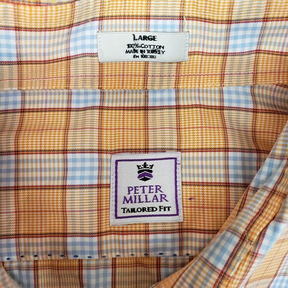 Peter Millar Tailored Fit Dress Shirt Mens Large Orange Blue Plaid Crown Crafted - Picture 3 of 5